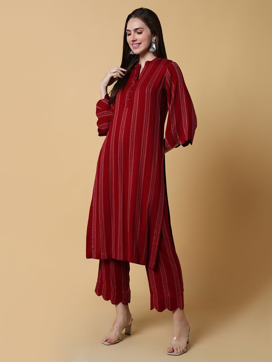 Women Striped Red Straight Kurta Set