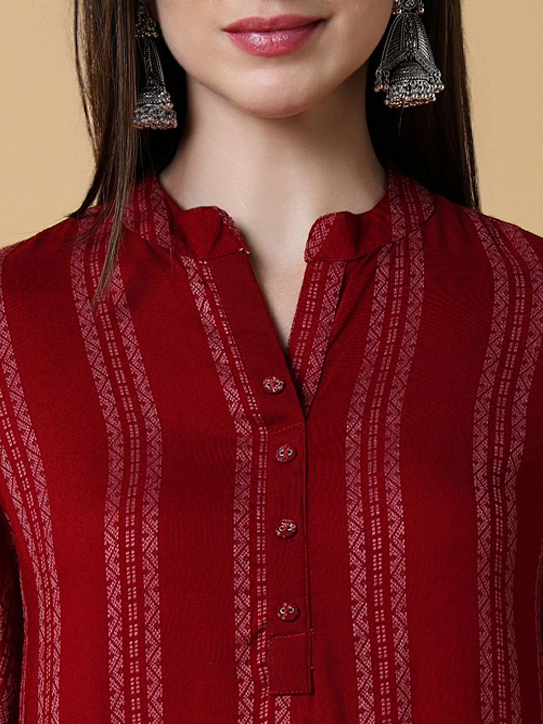 Women Striped Red Straight Kurta Set