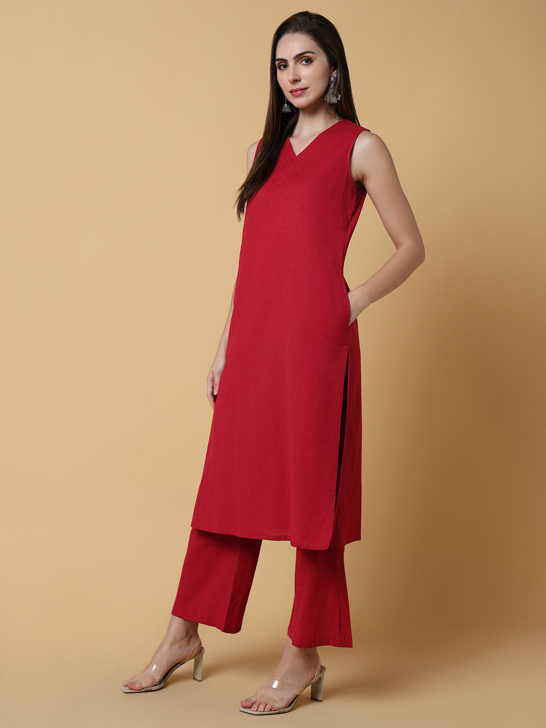 Women Solid Red Straight Kurta Set