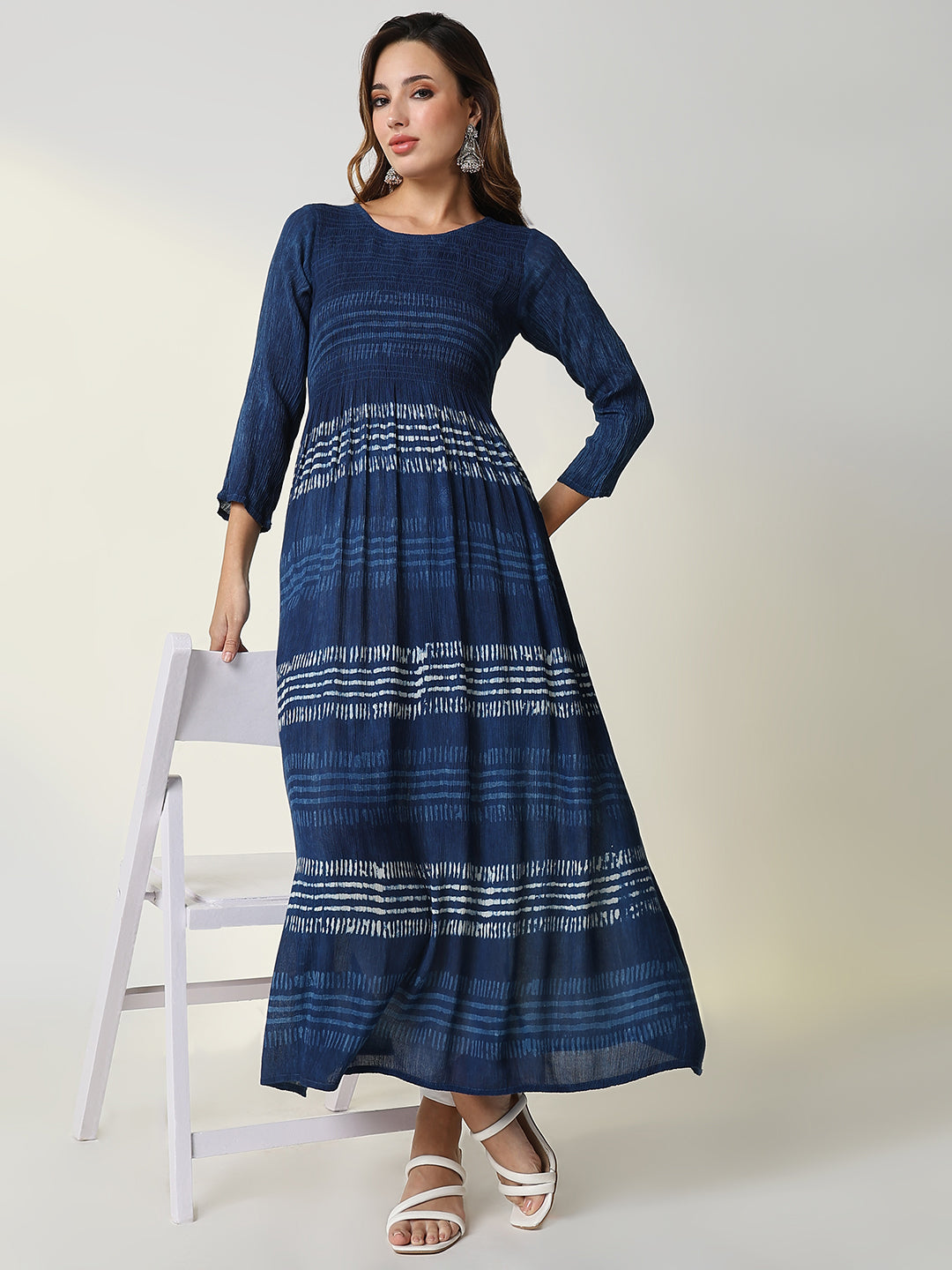 Women Navy Blue Striped Anarkali Kurta