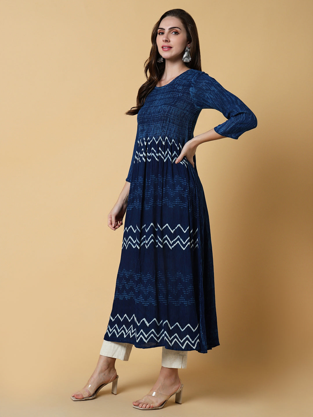 Women Navy Blue Graphic Anarkali Kurta