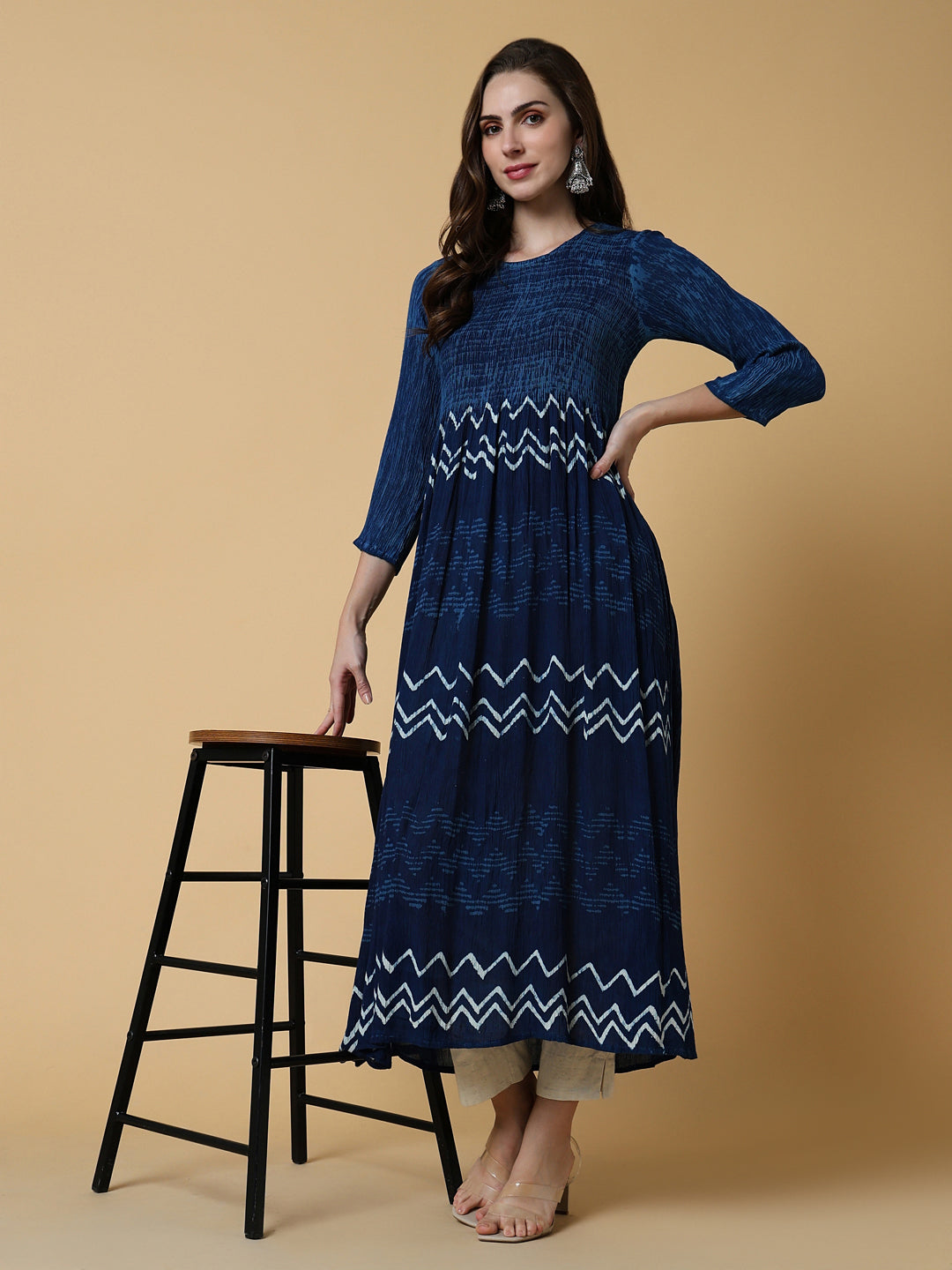 Women Navy Blue Graphic Anarkali Kurta