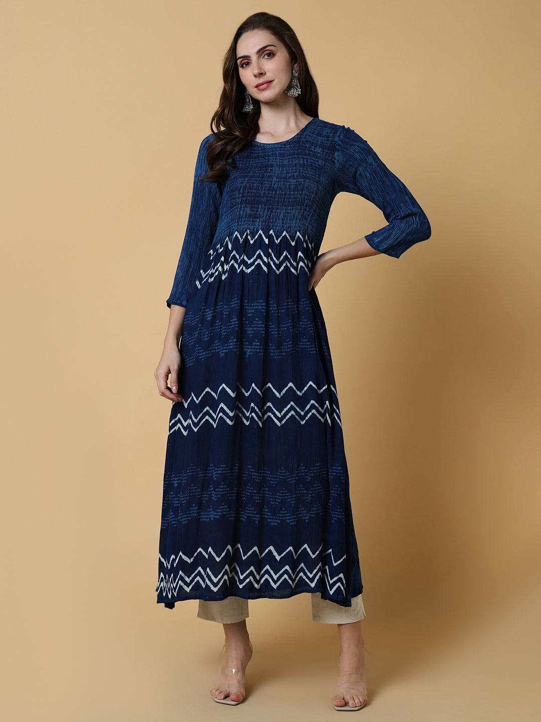 Women Navy Blue Graphic Anarkali Kurta