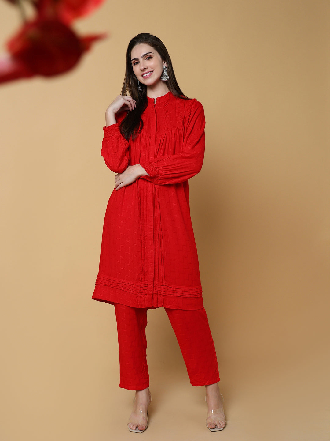 Women Solid Red A-Line Kurta Set