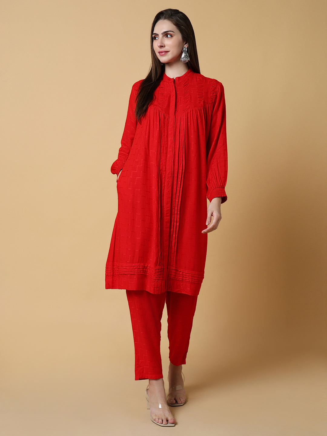 Women Solid Red A-Line Kurta Set