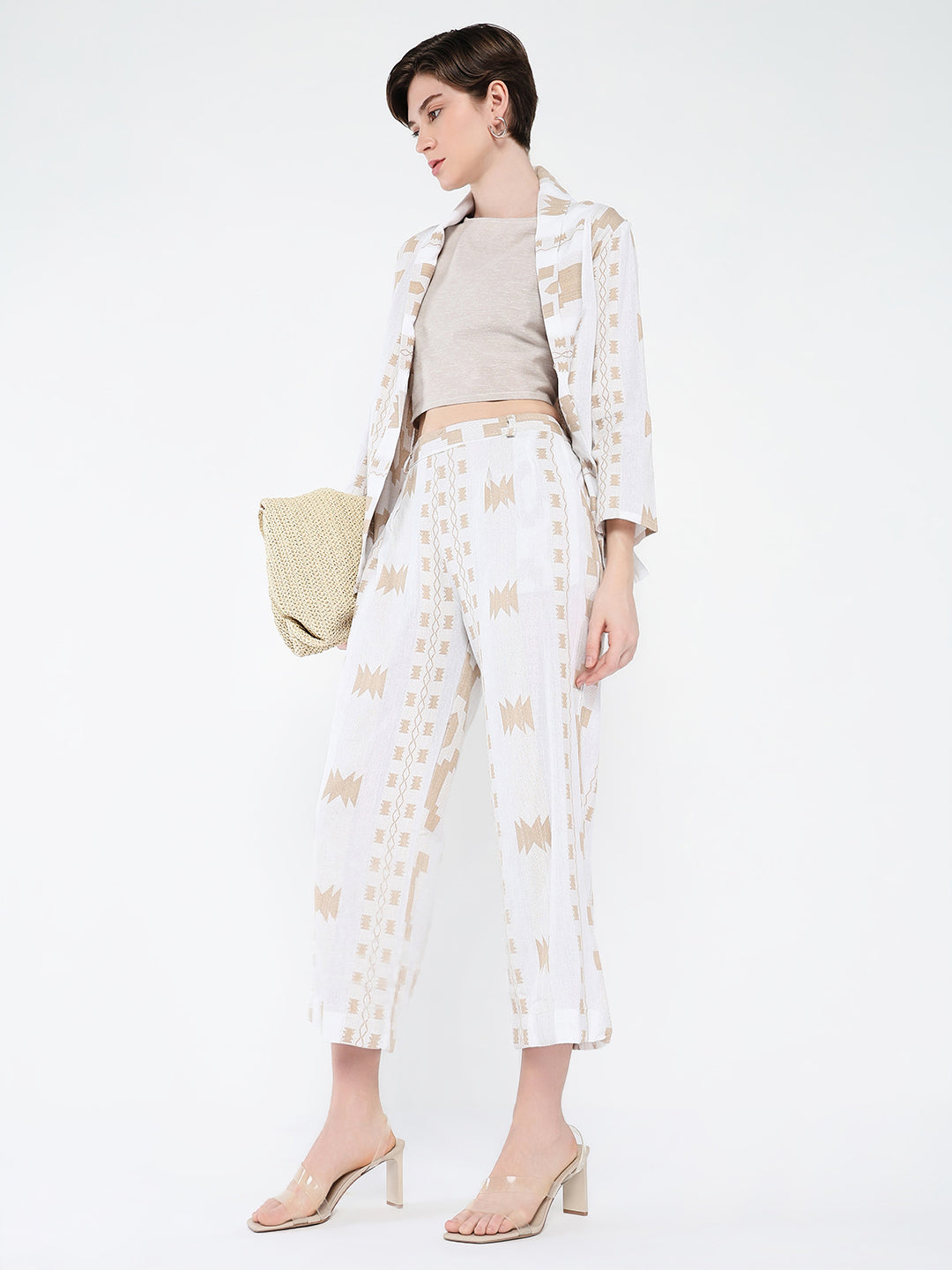 Women Off White Solid Co Ords Set with Blazer