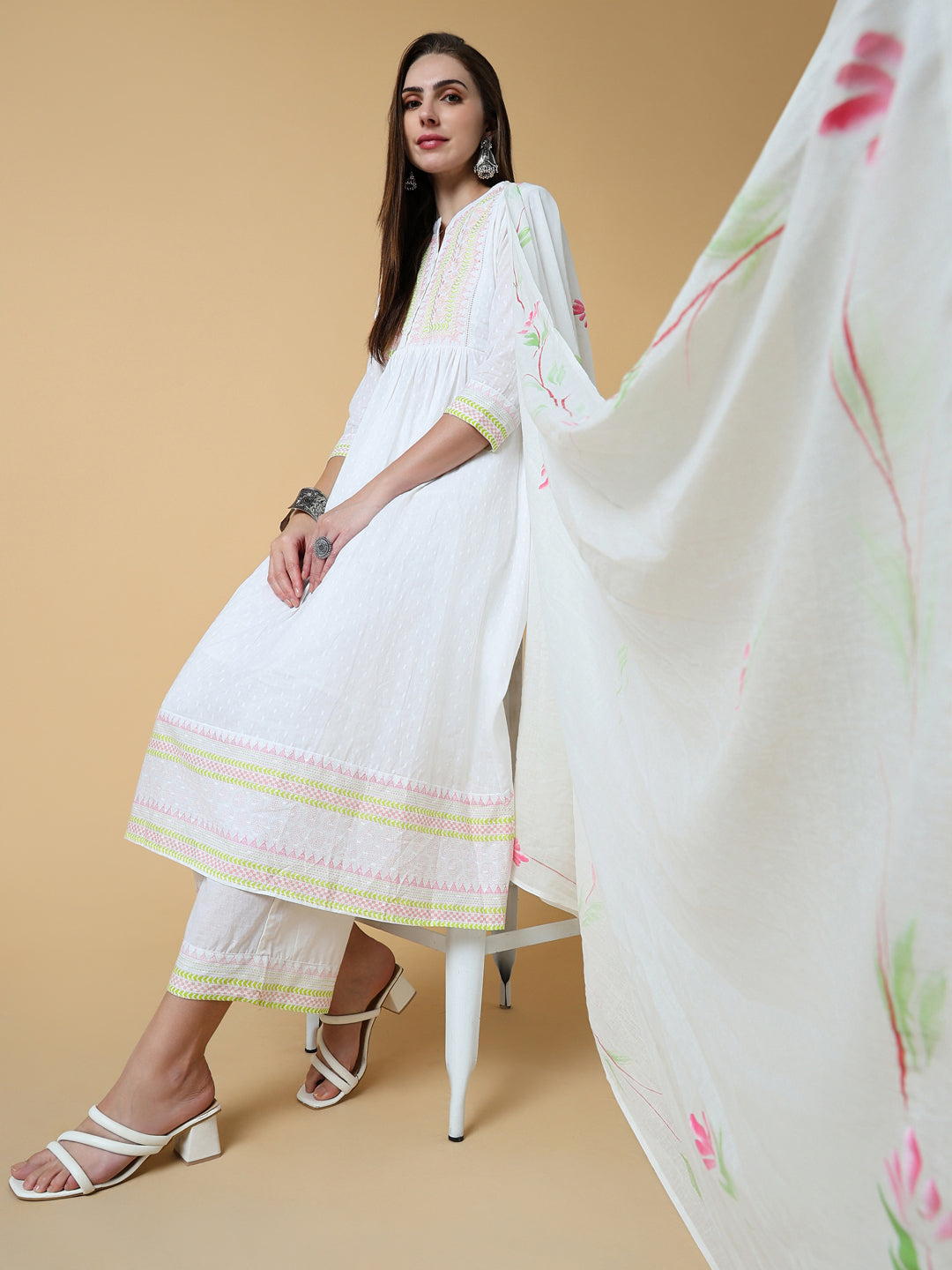 Women Solid White Anarkali Kurta Set