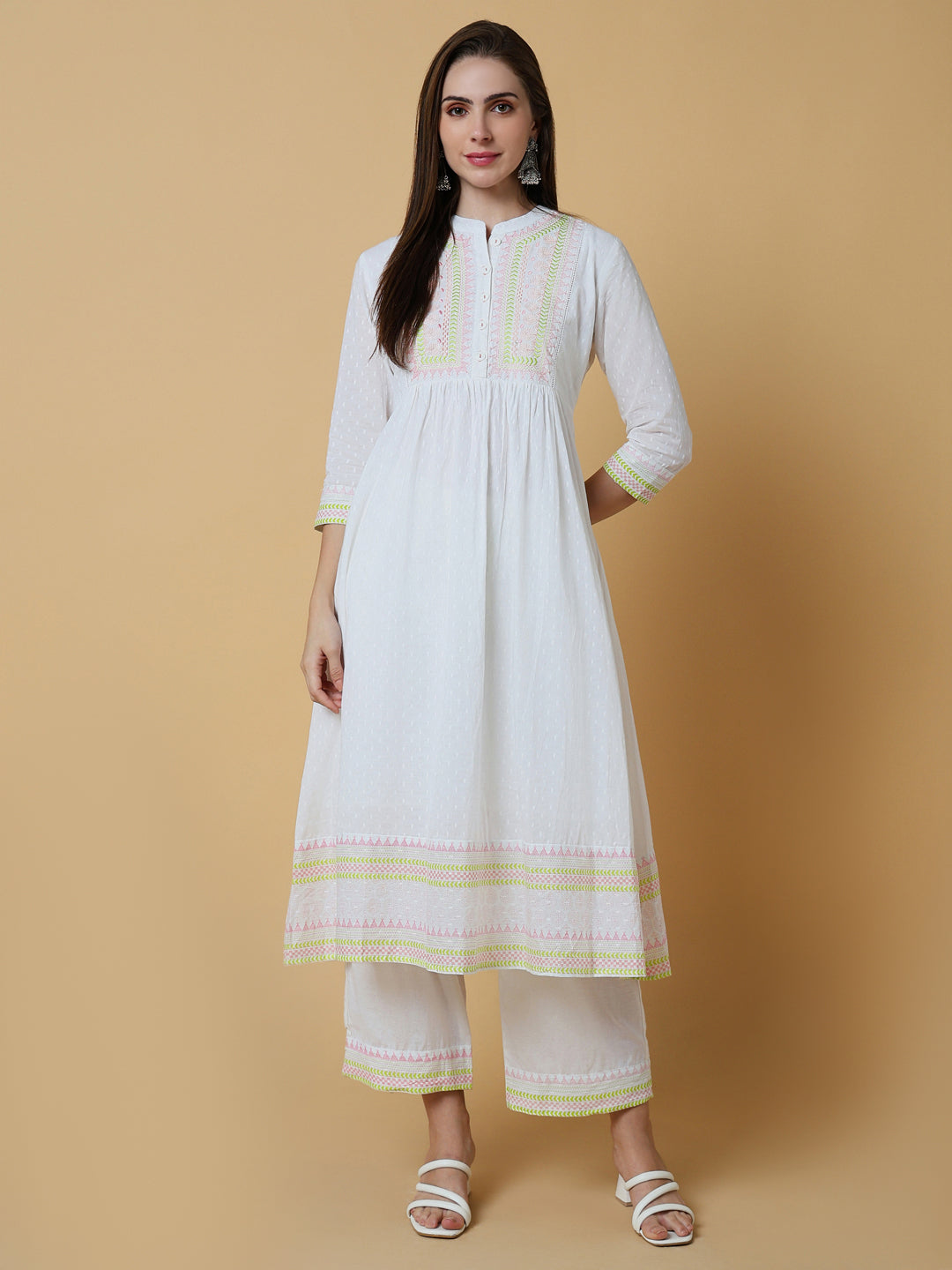 Women Solid White Anarkali Kurta Set