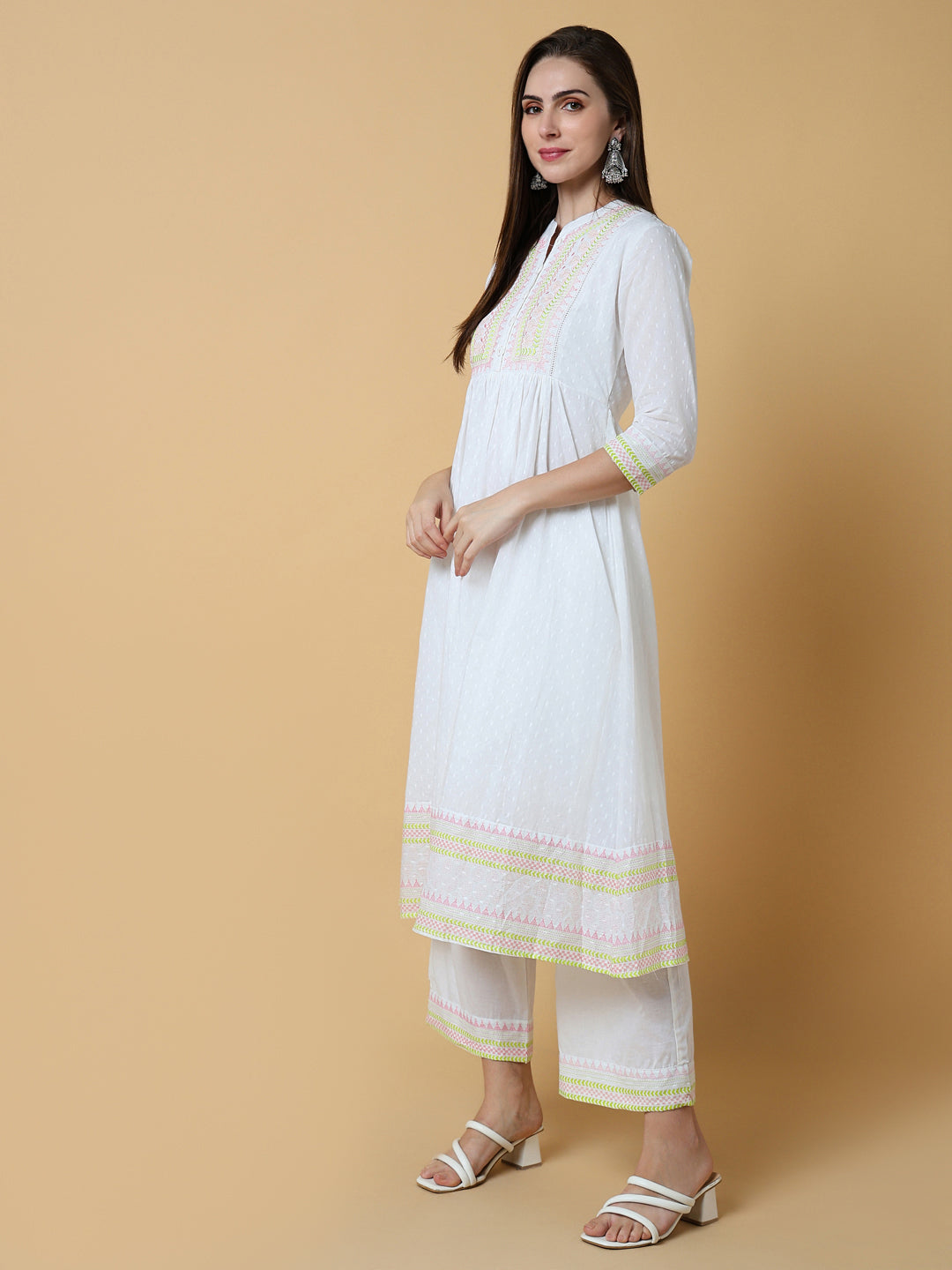 Women Solid White Anarkali Kurta Set