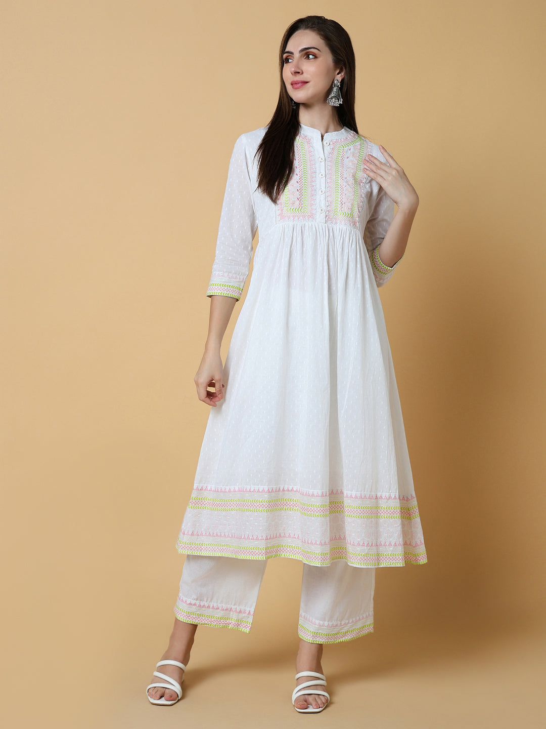 Women Solid White Anarkali Kurta Set