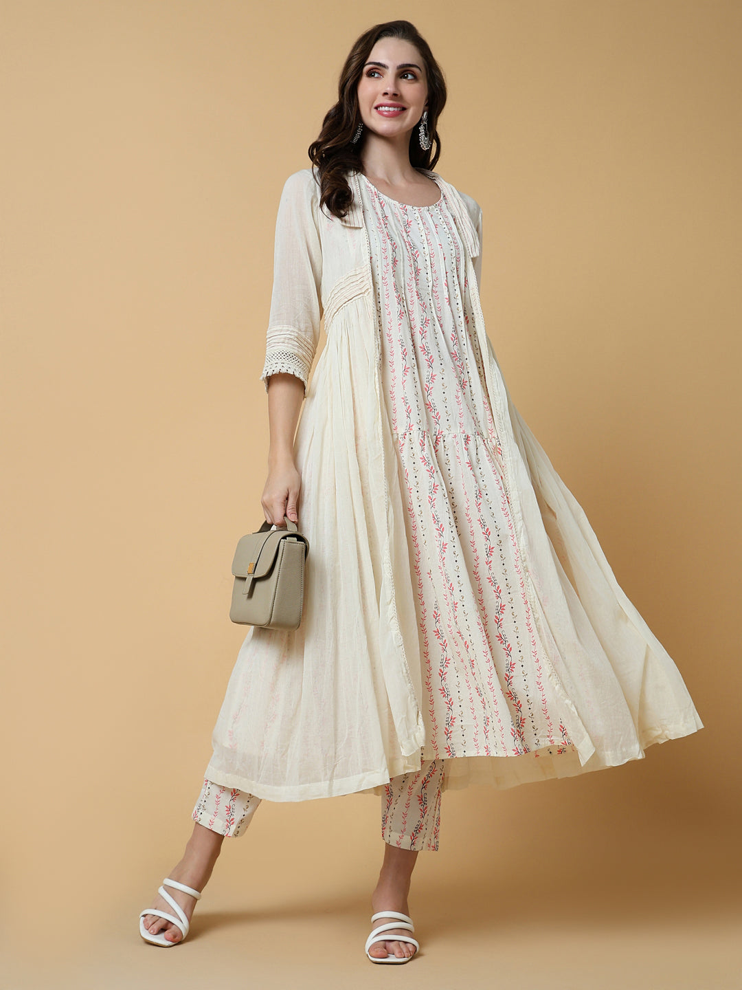 Women Floral Cream A-Line Kurta Set with Shrug