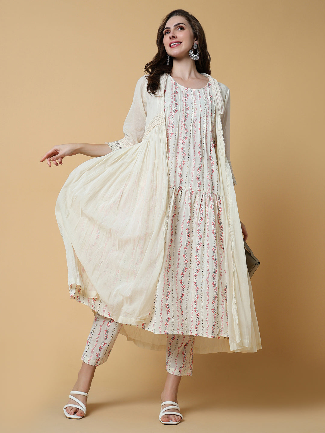 Women Floral Cream A-Line Kurta Set with Shrug