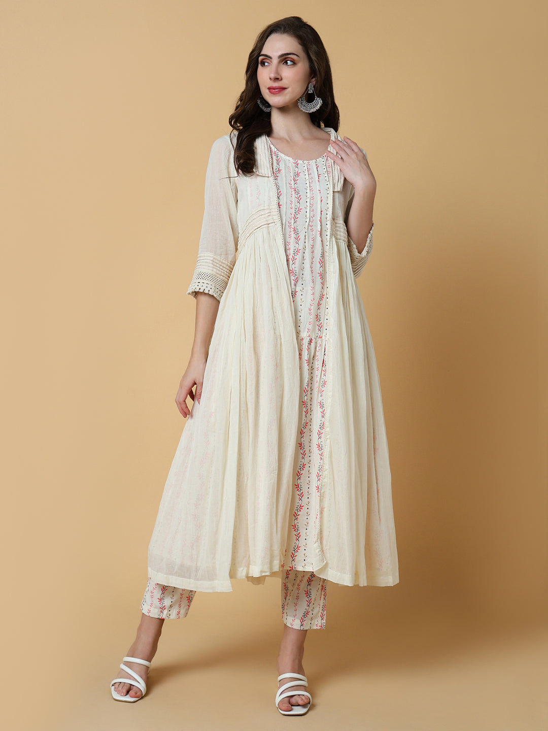 Women Floral Cream A-Line Kurta Set with Shrug