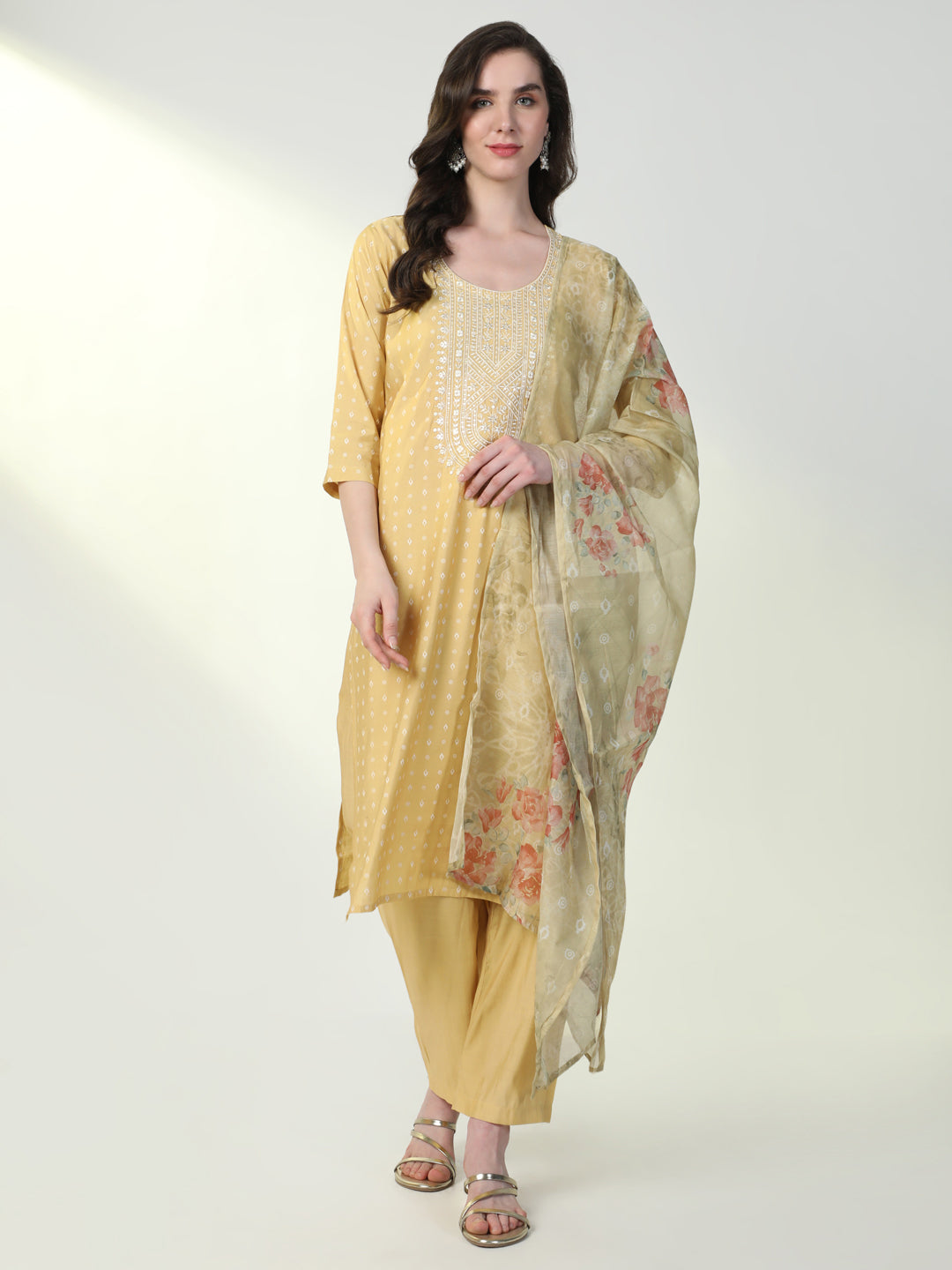 Women Yellow Graphic Kurta Set with Dupatta