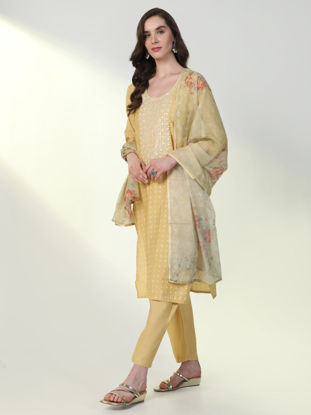 Women Yellow Graphic Kurta Set with Dupatta