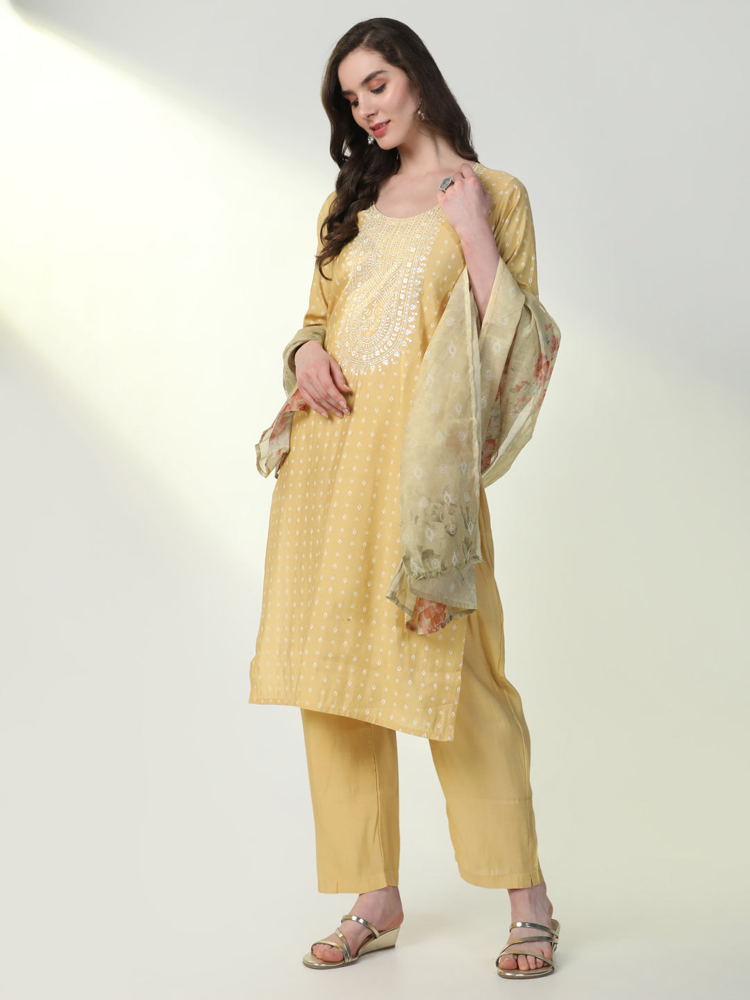 Women Yellow Graphic Kurta Set with Dupatta