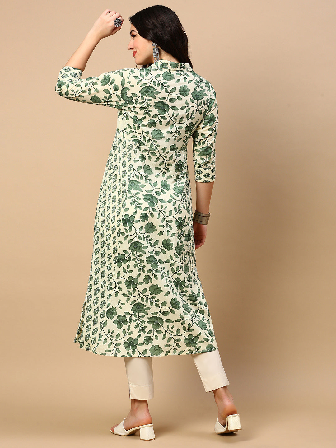 Women Green Floral A Line Kurta