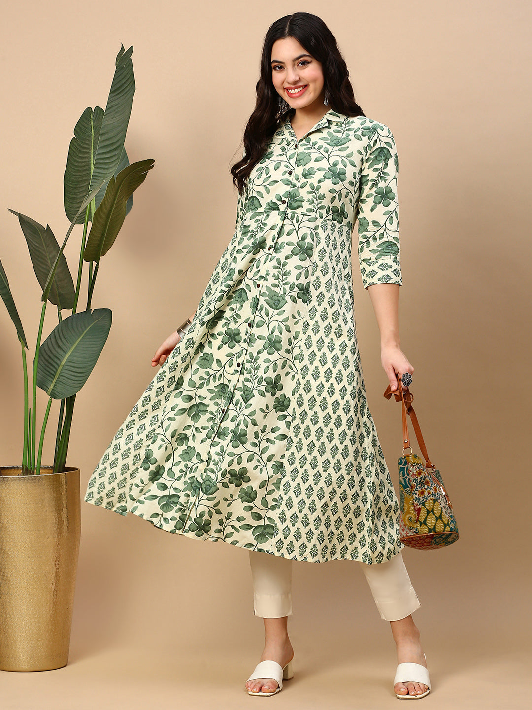 Women Green Floral A Line Kurta