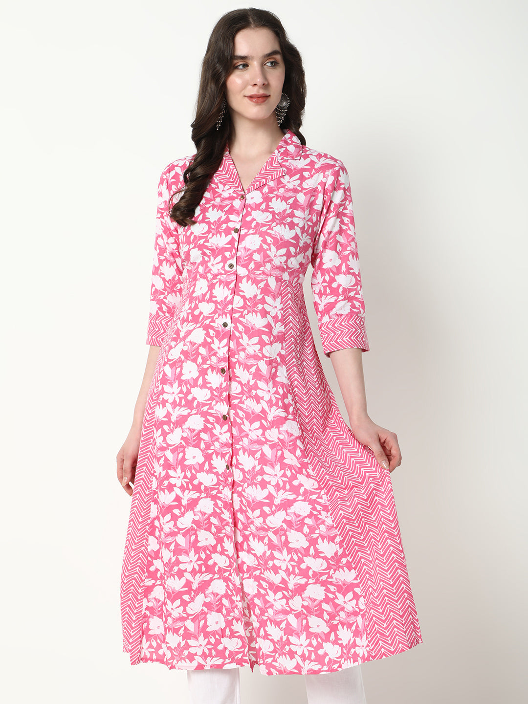 Women Pink Floral A-Line Kurta