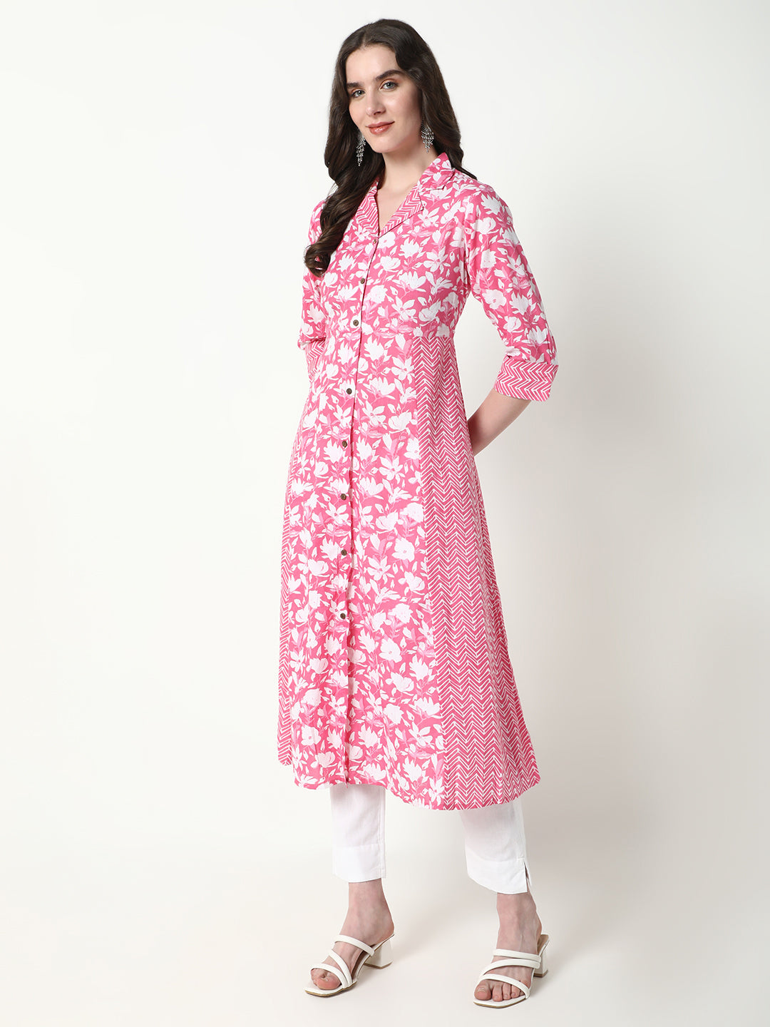 Women Pink Floral A-Line Kurta