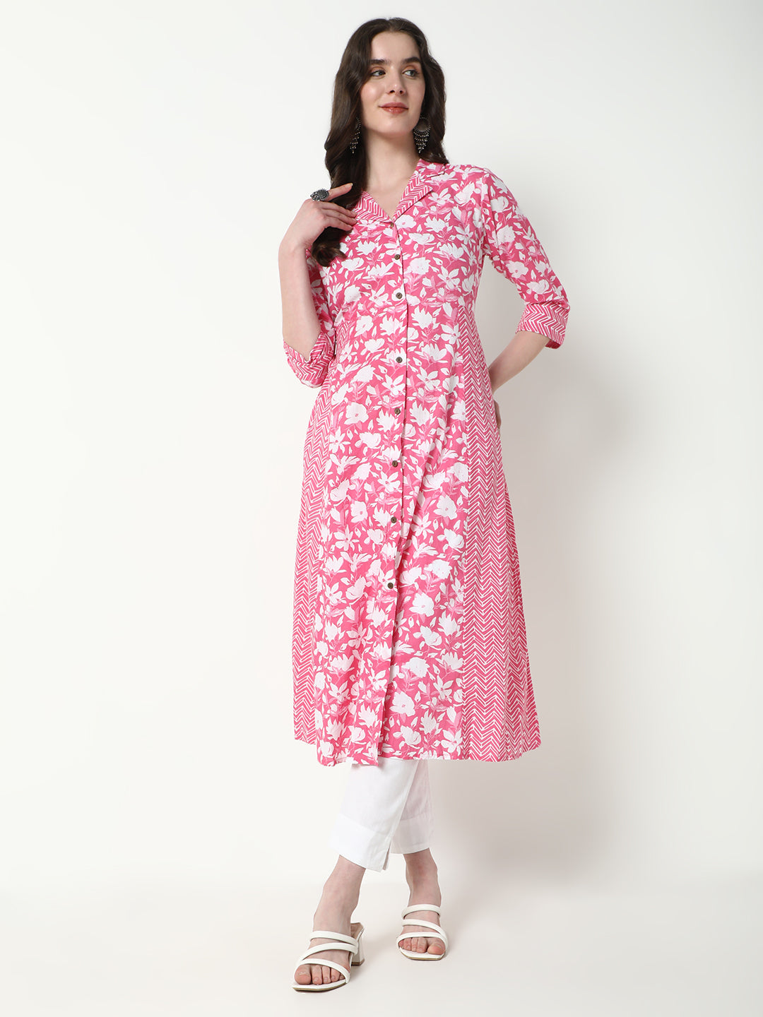 Women Pink Floral A-Line Kurta