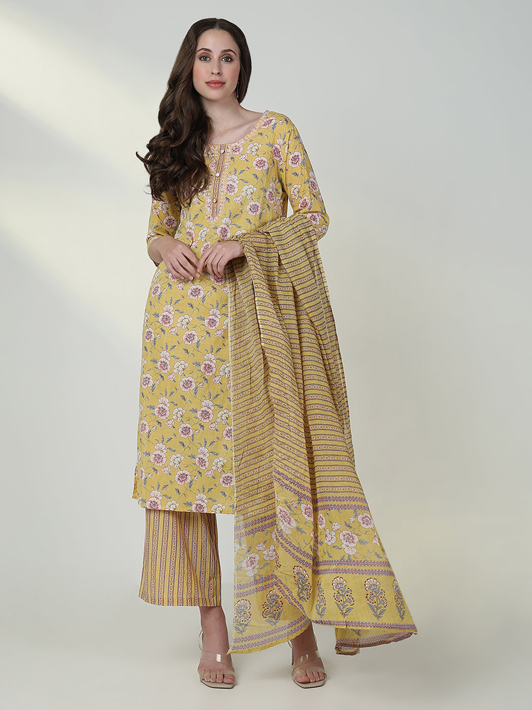 Women Floral Yellow Straight Kurta Set with Dupatta