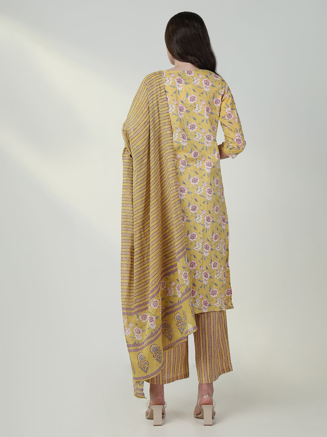 Women Floral Yellow Straight Kurta Set with Dupatta