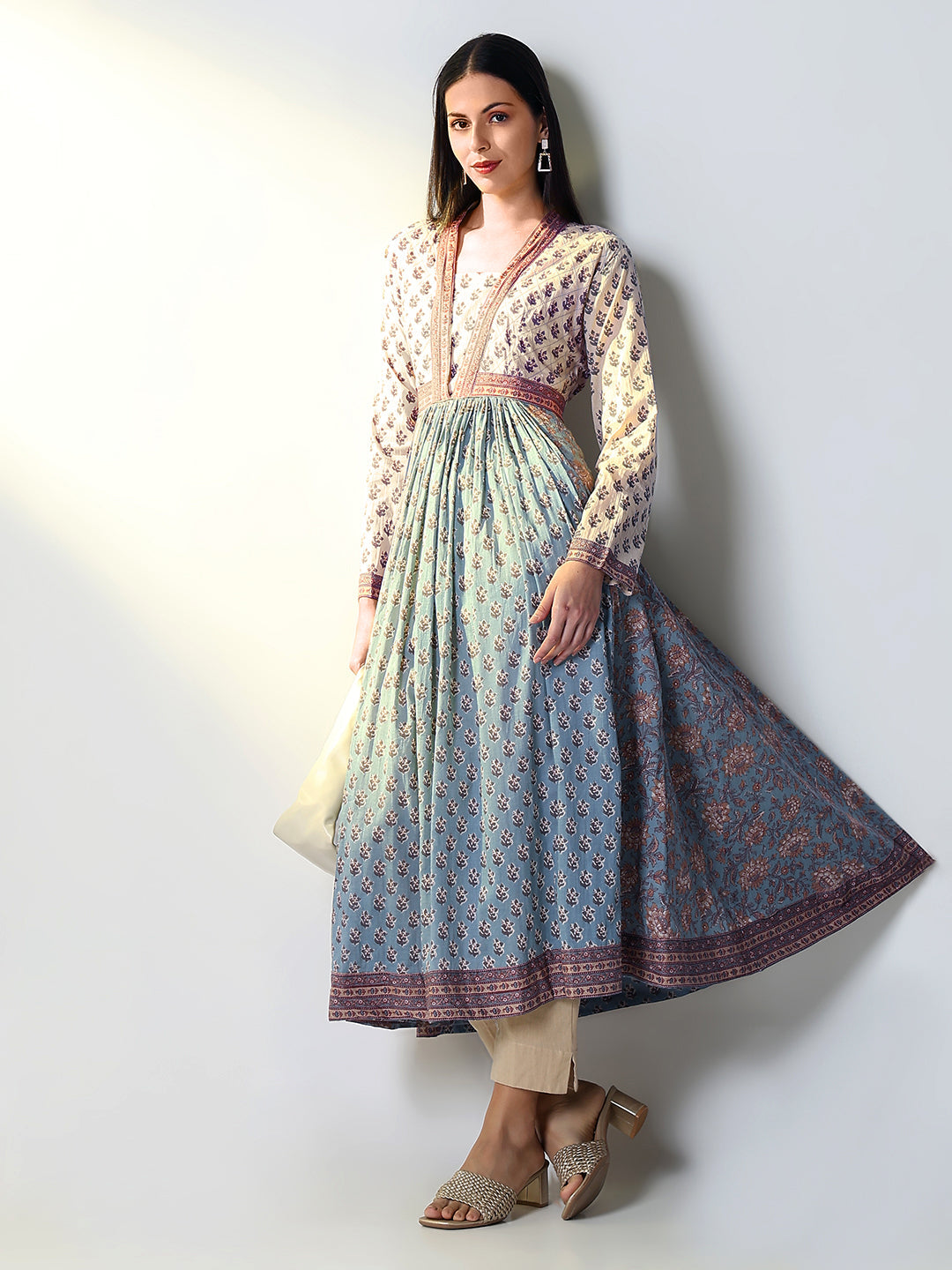 Women Grey Floral A Line Kurta