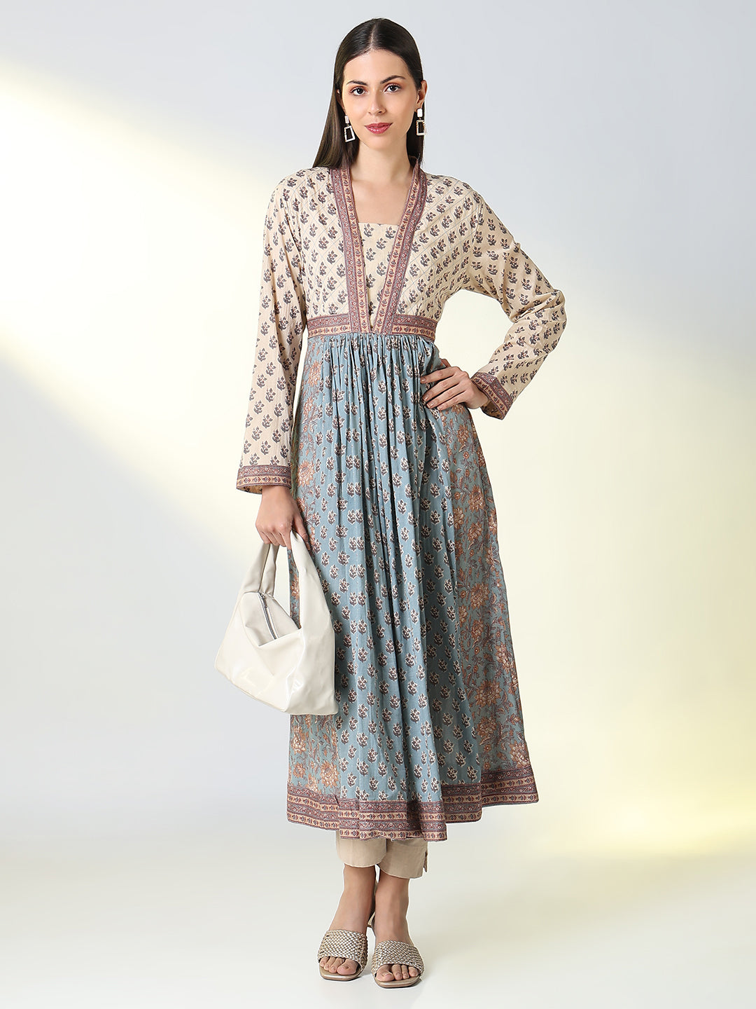 Women Grey Floral A Line Kurta