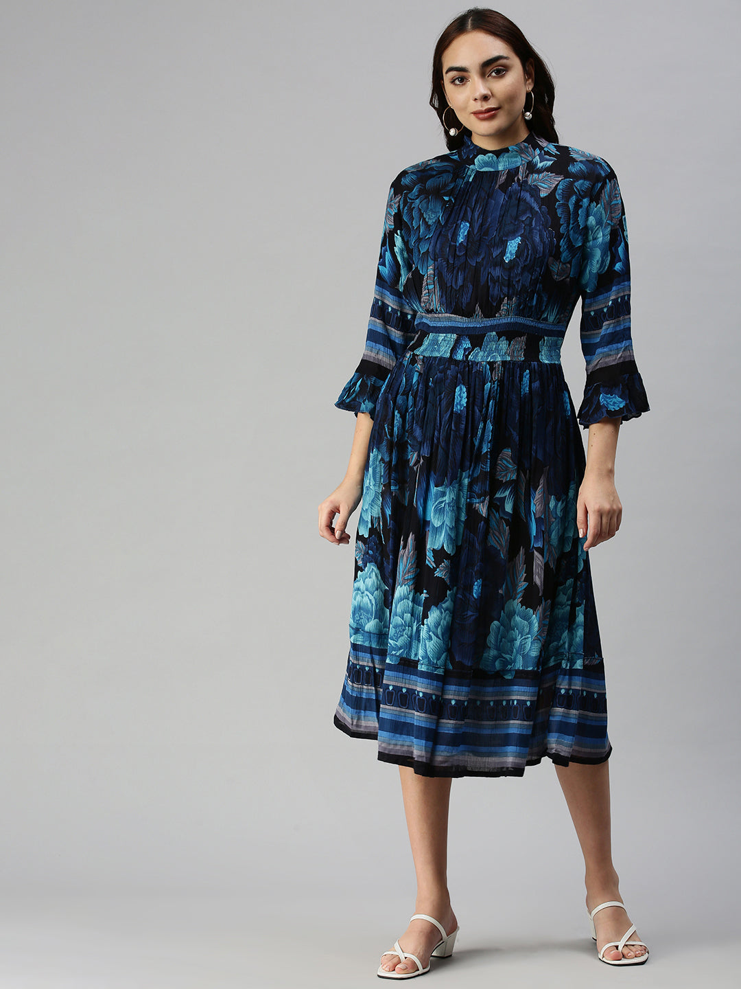 Women Printed Empire Navy Blue Dress