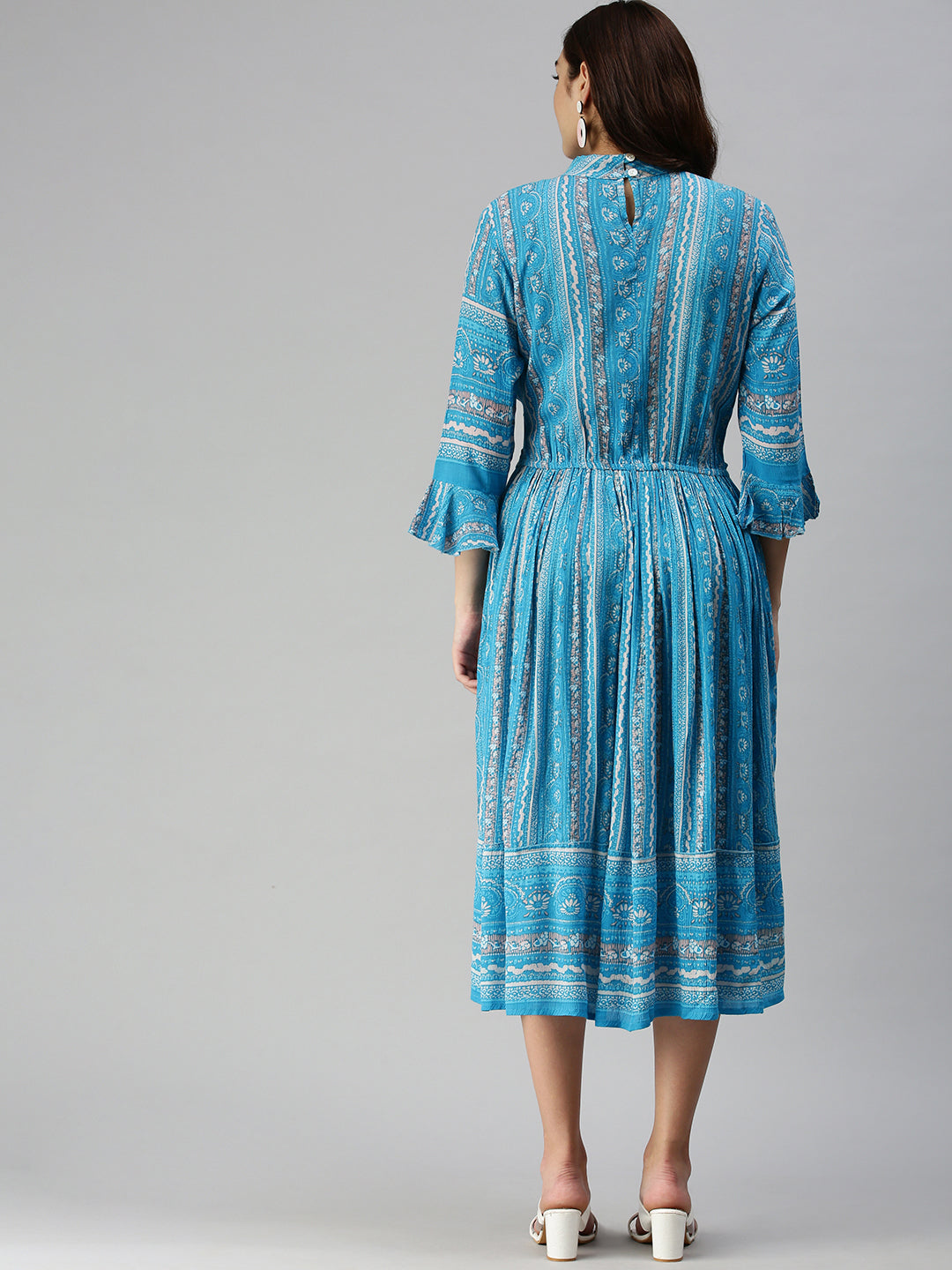 Women Printed Fit and Flare Turquoise Blue Dress