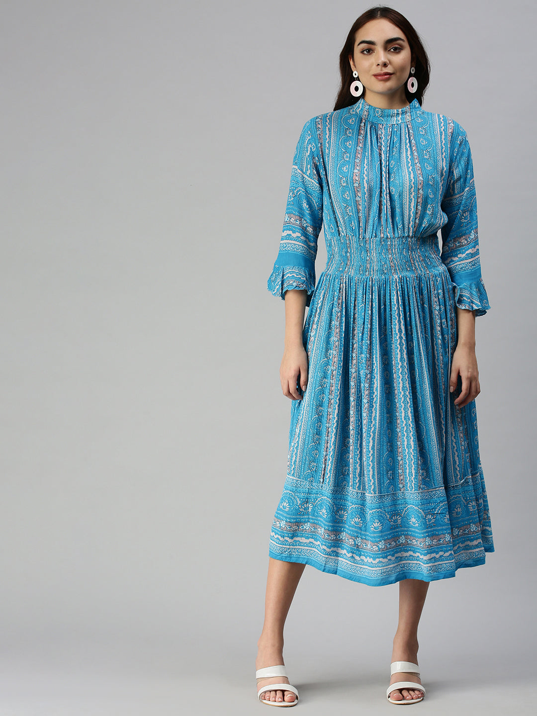 Women Printed Fit and Flare Turquoise Blue Dress