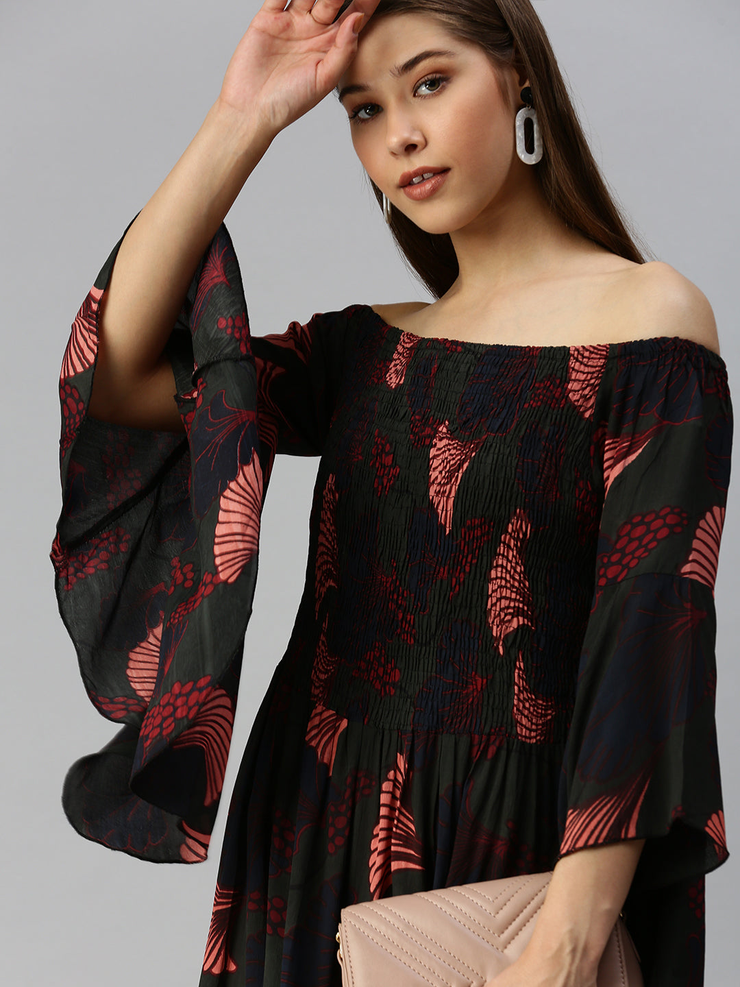 Women Off-Shoulder Printed Fit and Flare Green Dress