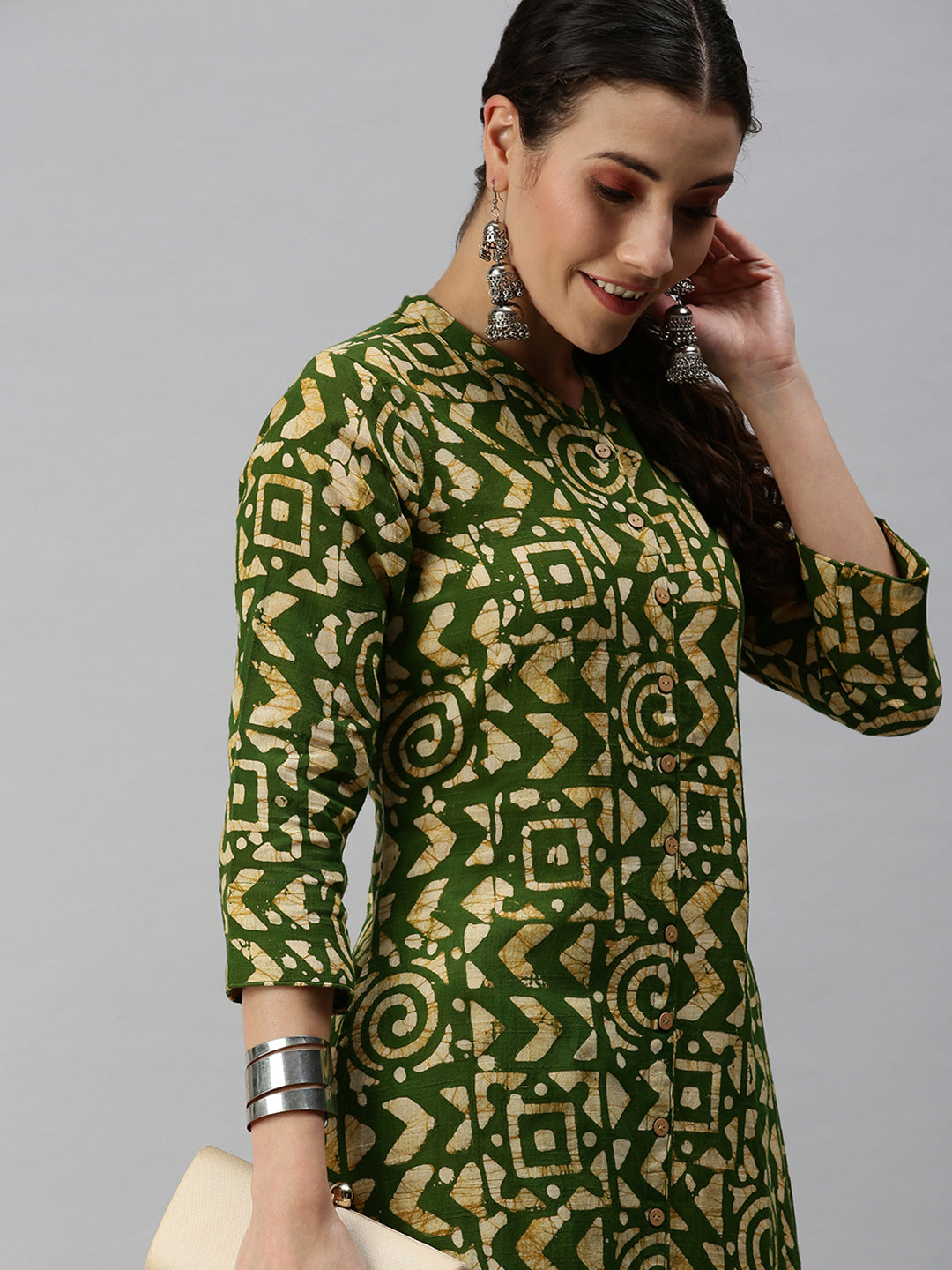 Women Mandarin Collar Printed Green A-Line Kurta