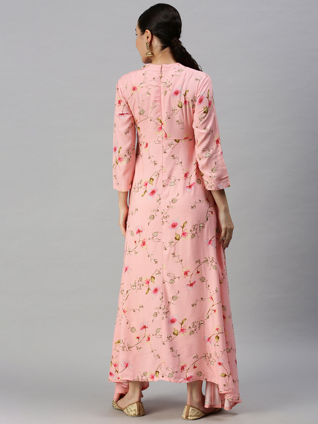 Women Mandarin Collar Printed Pink Anarkali Kurta