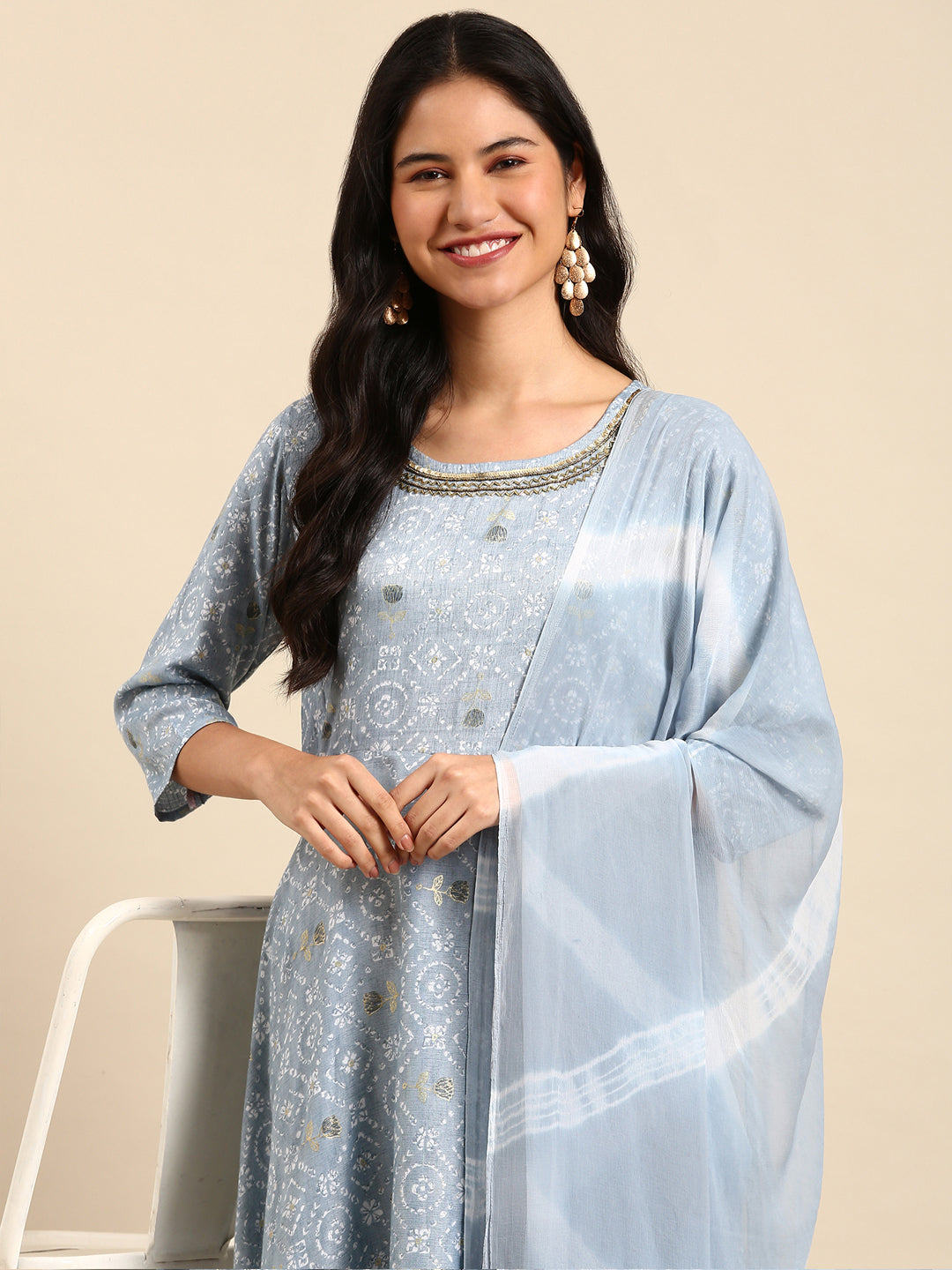 Women Floral Blue A-Line Kurta Set with Dupatta