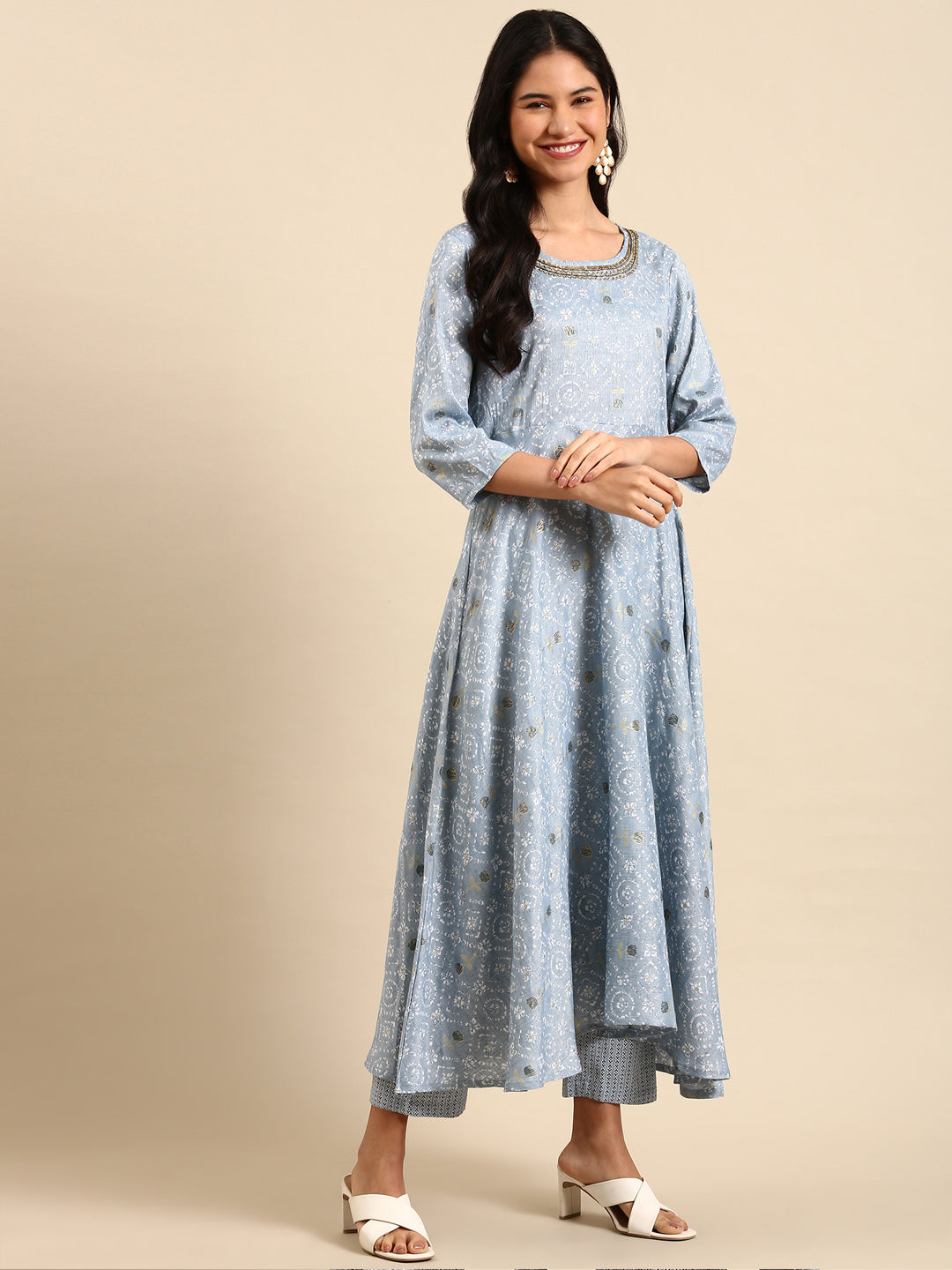 Women Floral Blue A-Line Kurta Set with Dupatta