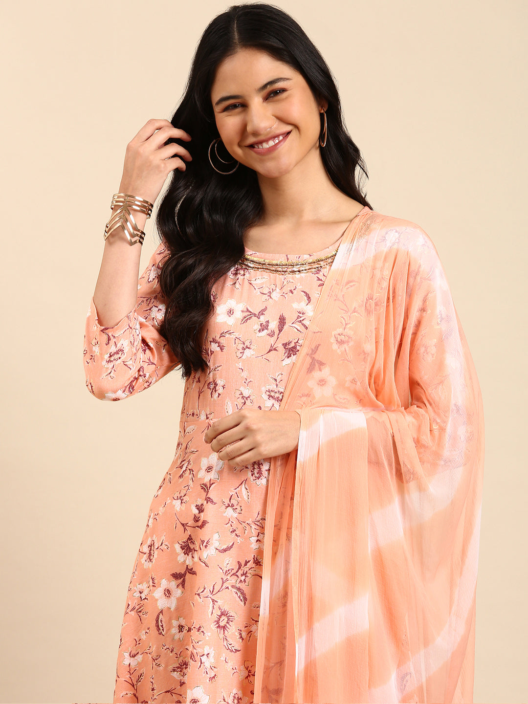 Women Floral Peach A-Line Kurta Set with Dupatta