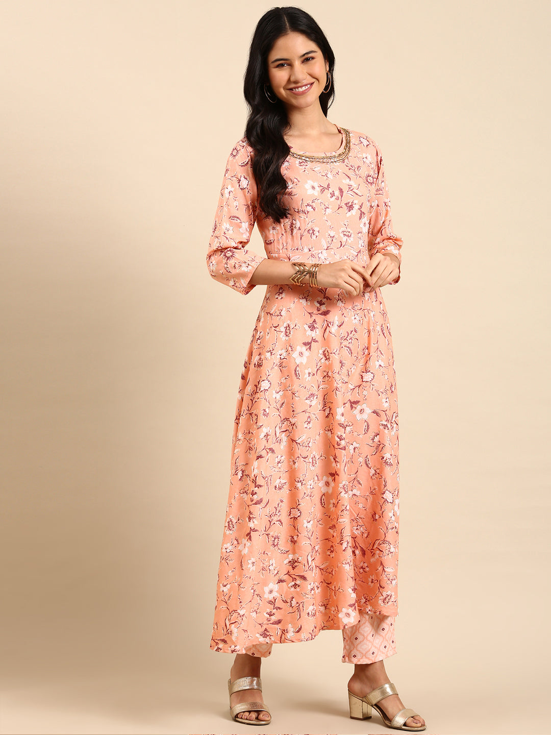 Women Floral Peach A-Line Kurta Set with Dupatta