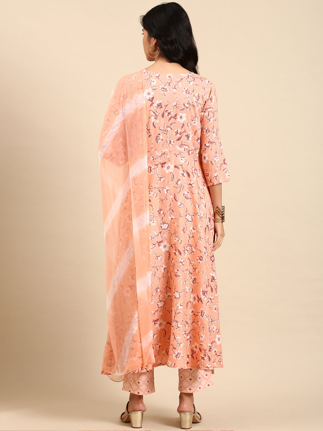 Women Floral Peach A-Line Kurta Set with Dupatta