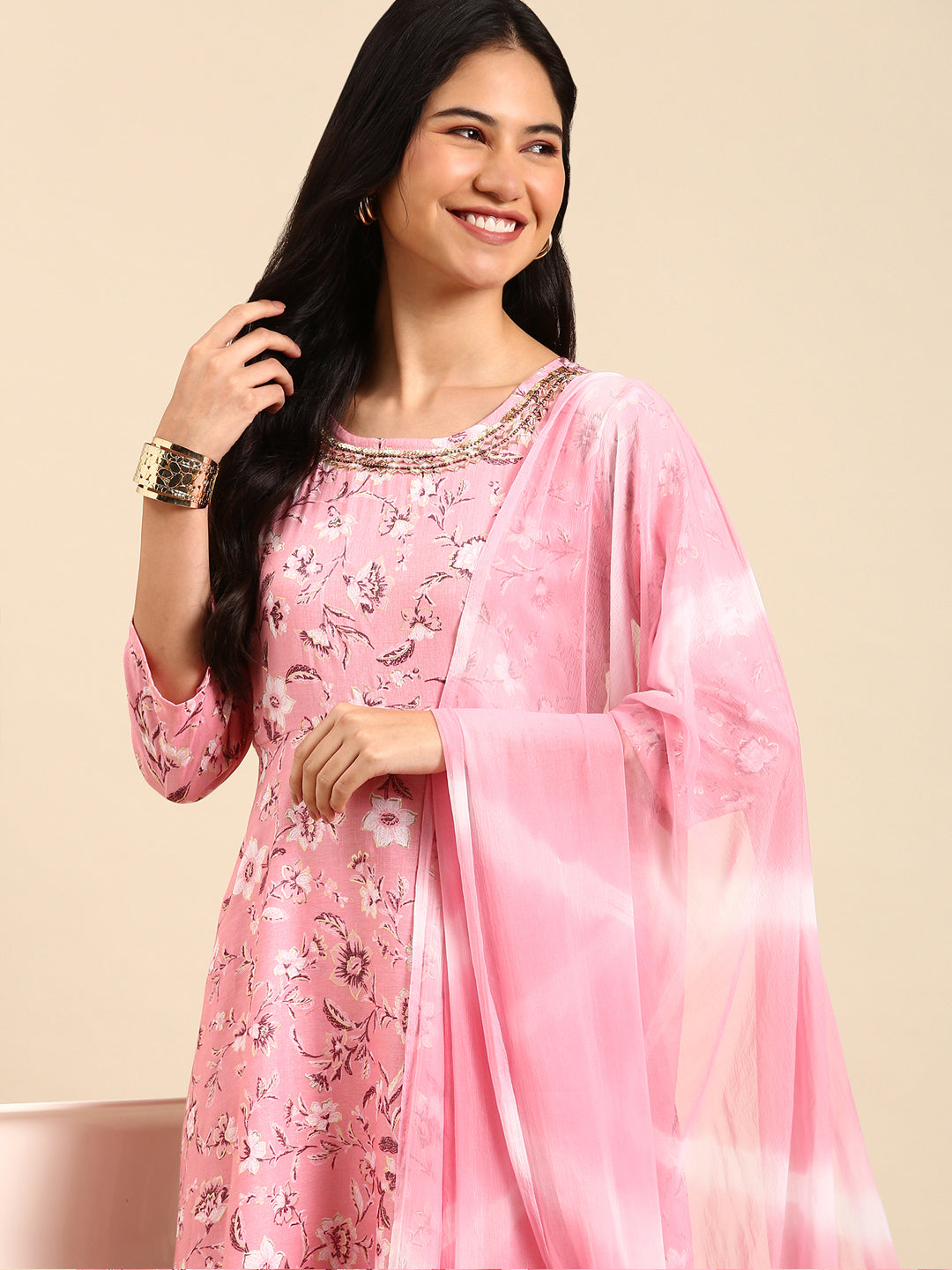 Women Floral Pink A-Line Kurta Set with Dupatta