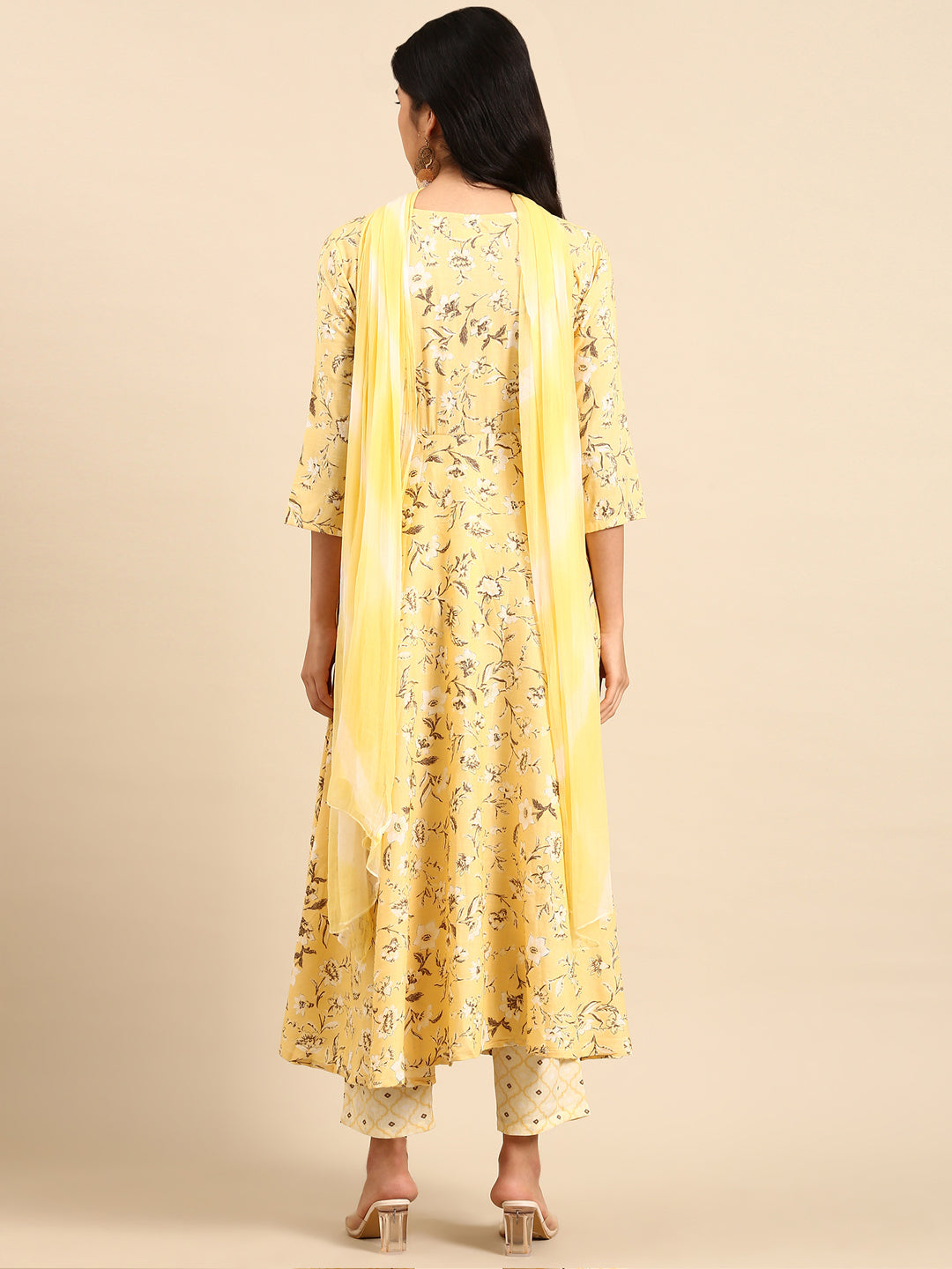 Women Floral Yellow A-Line Kurta Set with Dupatta