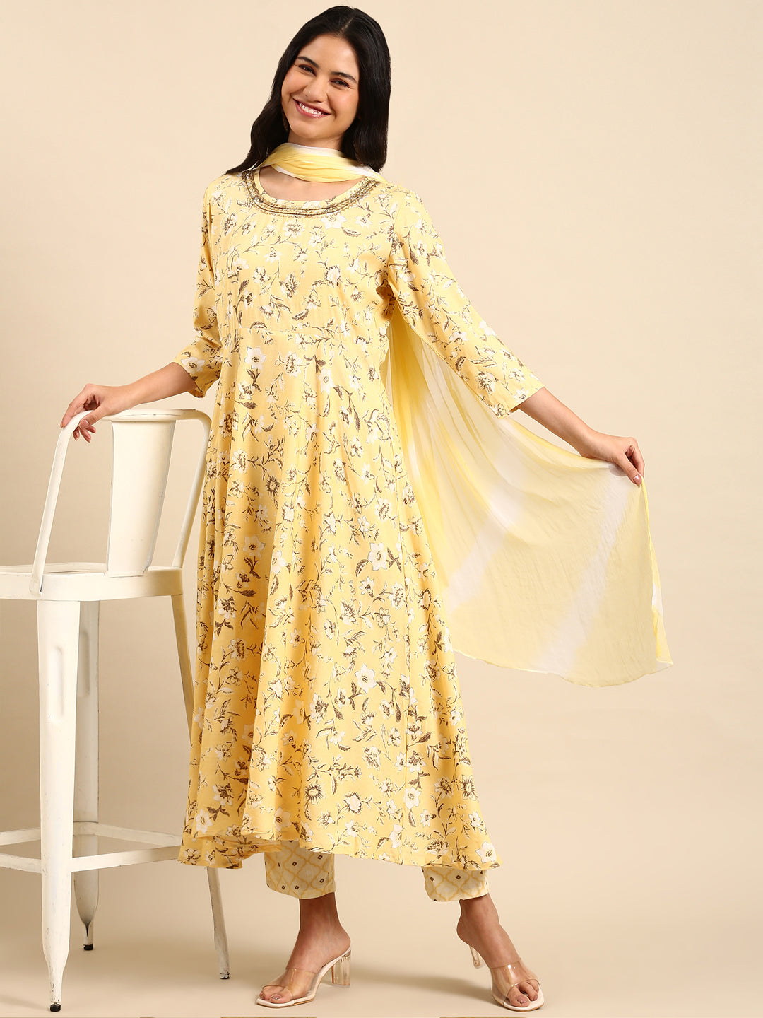 Women Floral Yellow A-Line Kurta Set with Dupatta