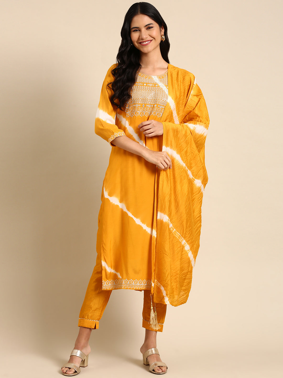 Women Solid Yellow Straight Kurta Set with Dupatta