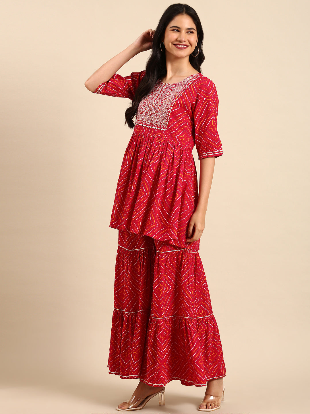 Women Bandhani Red Anarkali Kurta Set with Dupatta