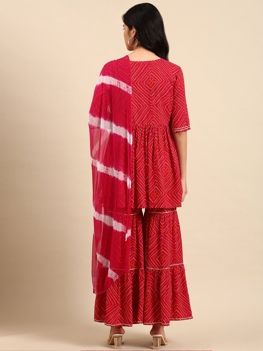 Women Bandhani Red Anarkali Kurta Set with Dupatta