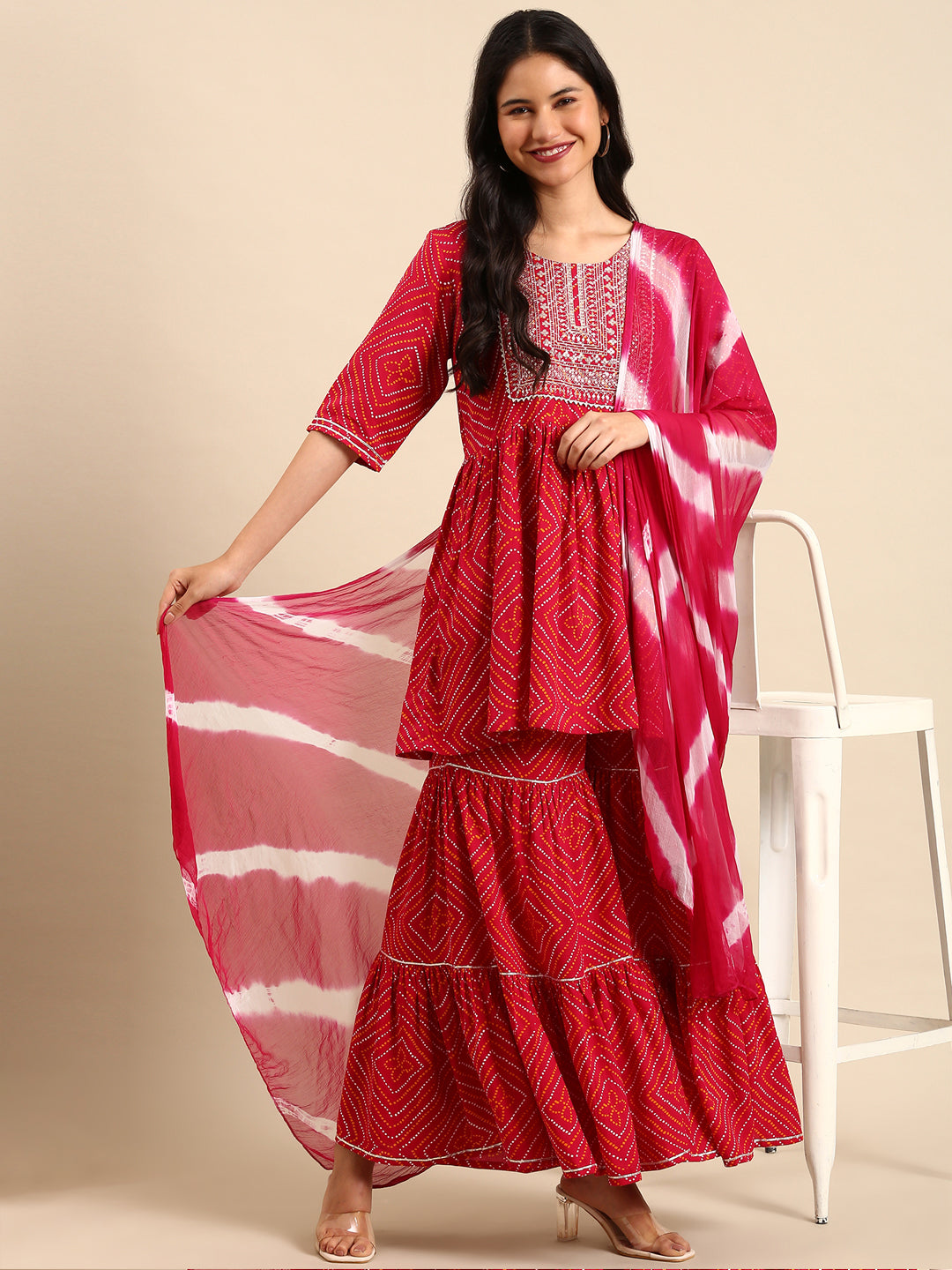 Women Bandhani Red Anarkali Kurta Set with Dupatta