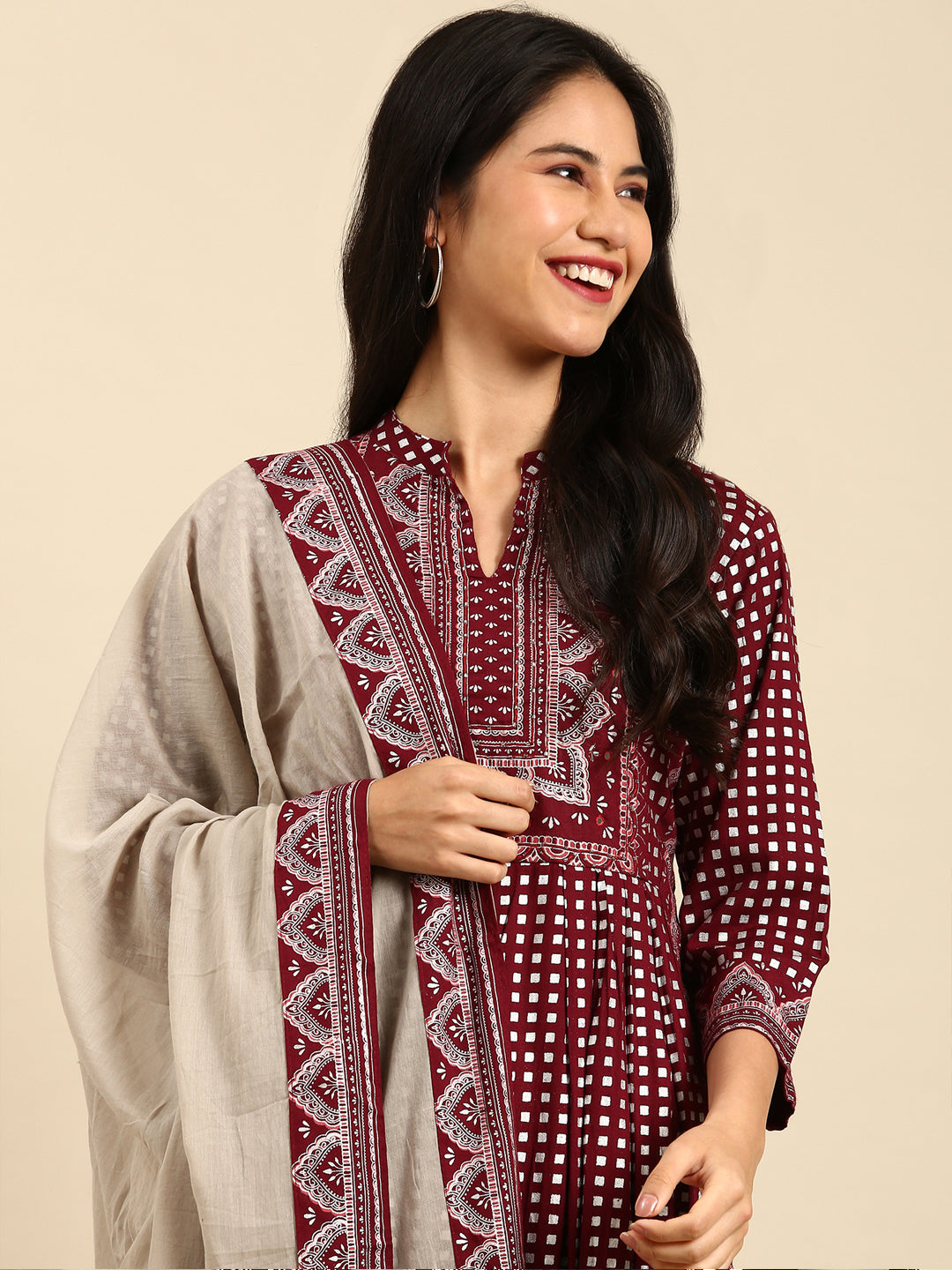 Women Geometric Maroon Anarkali Kurta Set with Dupatta