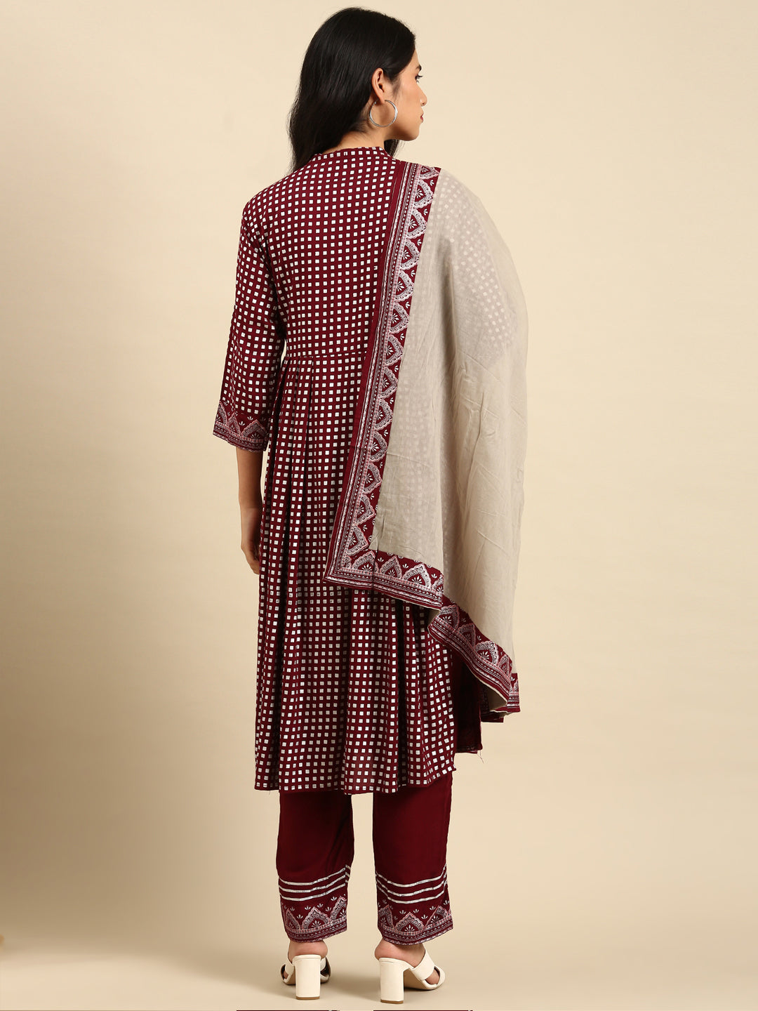 Women Geometric Maroon Anarkali Kurta Set with Dupatta