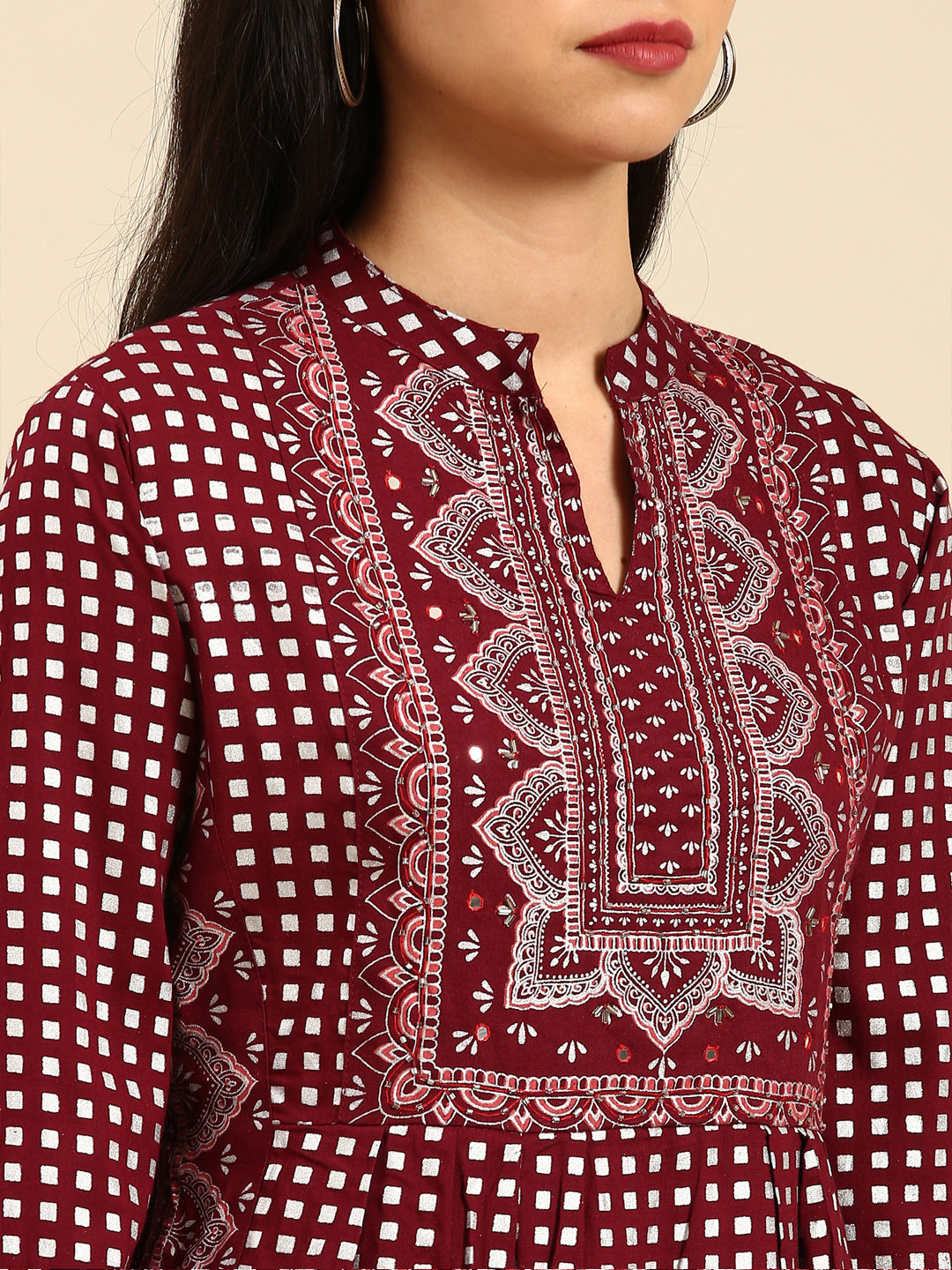 Women Geometric Maroon Anarkali Kurta Set with Dupatta